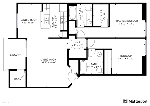 Floor plan for 2 beds, 2 baths, 1051 sqft